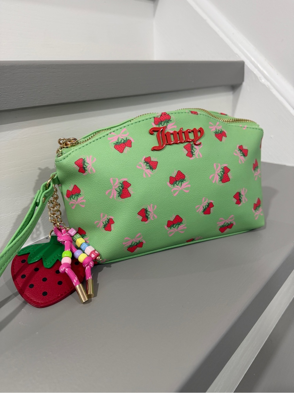 Juicy Couture Mint Green Strawberry Print Wristlet with Charm